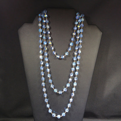 Blue Austrian Crystal Beaded Necklace, Long Rosary Style, 1960s Vintage Jewelry