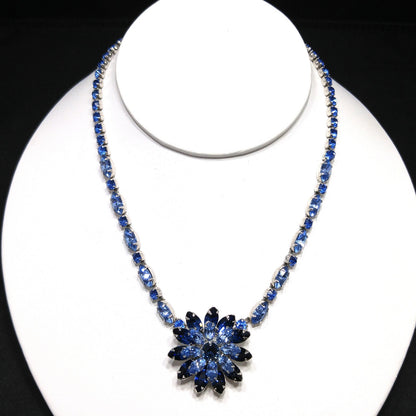 Kramer of New York Blue Rhinestone Floral Pendant Choker Necklace, 1950s Vintage Jewelry
