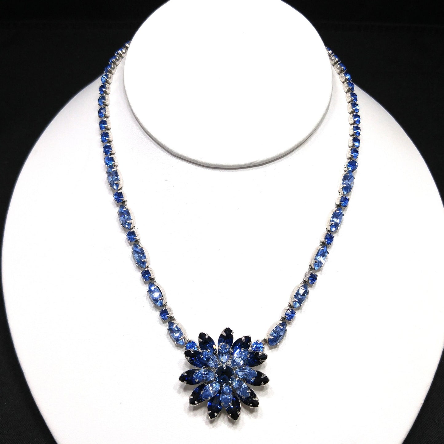 Vintage Kramer of New York Blue Rhinestone Flower Choker Necklace 1950s