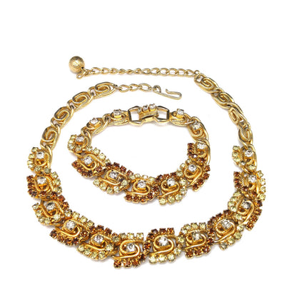 Hobe' Topaz Lt. Green Clear Rhinestone Necklace Bracelet Set, Gold Plated, 1960s Vintage Jewelry