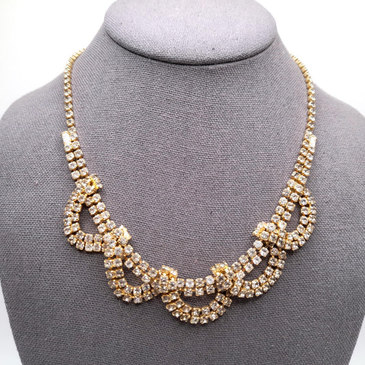 Vintage Looped Clear Rhinestone Necklace, Gold Tone, 1950s