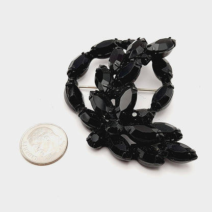 Vintage Black Rhinestone Wreath Floral 1960s Brooch, Japanned Black Enamel