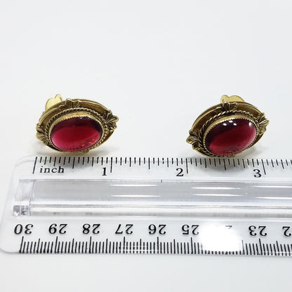 Vintage Whiting & Davis Co Red Gold Clip Earrings 1960s Gold Tone, Red Cabochon