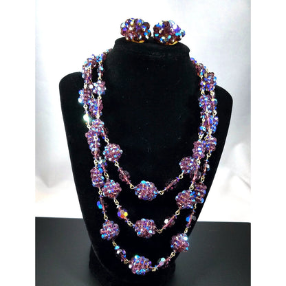 Vintage French Purple Crystal Cluster Necklace Clip Earrings Set, Made in France,  1950s