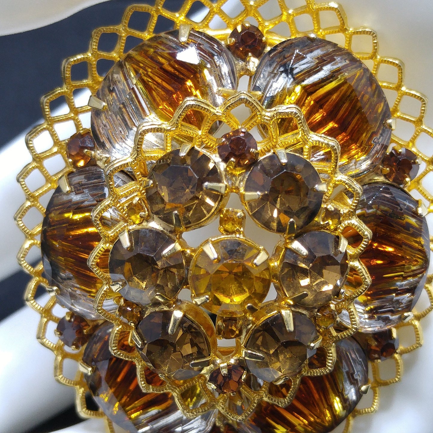 Light Dark Topaz Rhinestones Filigree Brooch, Art Glass, Two Tiered Oval Pin, 1960s Vintage Jewelry