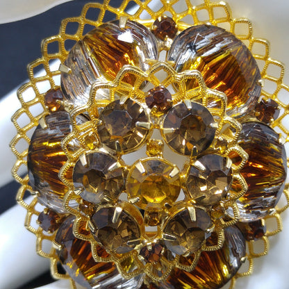 Light Dark Topaz Rhinestones Filigree Brooch, Art Glass, Two Tiered Oval Pin, 1960s Vintage Jewelry