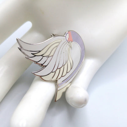 Laurel Burch "Celan" Bird Brooch, Rhodium Plated, White Lavender Enamel, 1980s Vintage Jewelry
