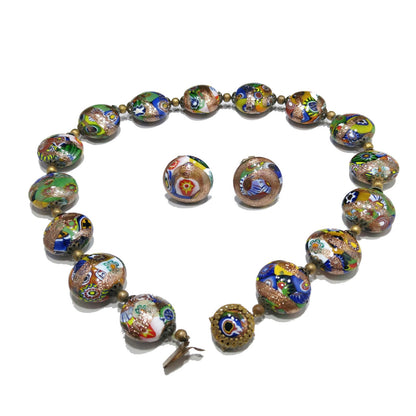 Italian Millefiori Venetian Glass Necklace & Earrings, Aventurine Glitter Beads
