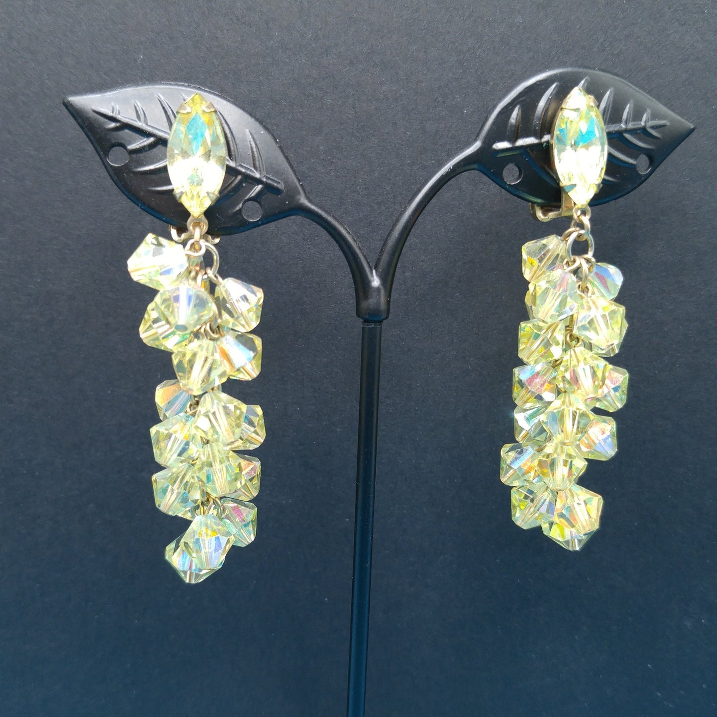 Lewis Segal Yellow Drop Clip Earrings, Aurora Borealis, 1960s Vintage Jewelry