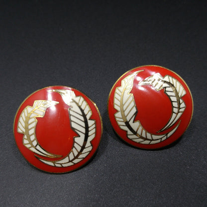 Vintage Laurel Burch "Palm Leaves" Red White Enamel Post Earrings, Gold Plated