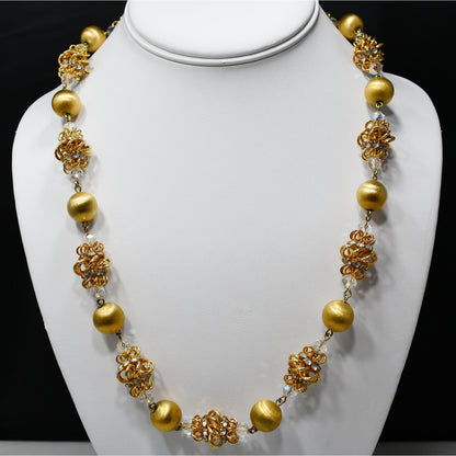 Vendome 1950s Gold Satin & Crystal Cage Bead Necklace | Aurora Borealis & Rhinestone Statement Strand | Vintage Designer Jewelry