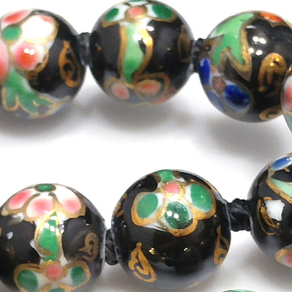 Vintage Black Cloisonné Floral Beaded Necklace, Pink Green Flowers, 1960s Vintage Jewelry