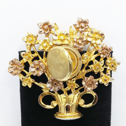 Hidden Locket Large Fur Clip, Gold Plated Flower Bouquet, 1940s Vintage Jewelry