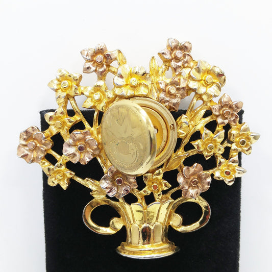Hidden Locket Large Fur Clip, Gold Plated Flower Bouquet, 1940s Vintage Jewelry