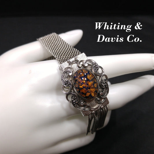 Whiting & Davis Co. Mesh Glitter Glass Bracelet, Adjustable Slide Clasp, 1950s Vintage Jewelry