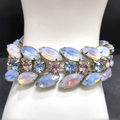 Vintage Kramer of NY Pastel Rhinestone Bracelet, Pink Blue Faux Opal, 1960s