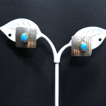 Navajo Frank Ramone Sterling Turquoise Earrings, Small Clip On Earrings, 1970s Vintage Jewelry
