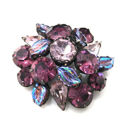 Regency Purple Lavender Floral Brooch, Art Glass Iridescent Leaves, 1950s Vintage Jewelry