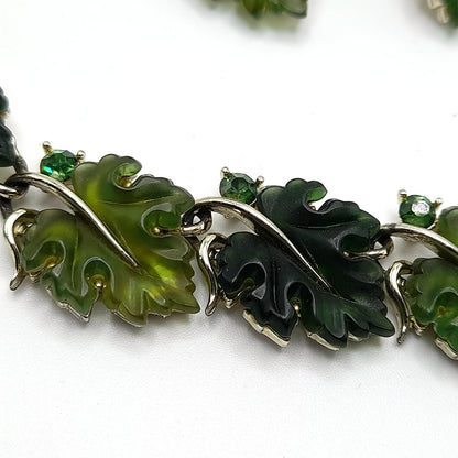Vintage Lisner Rhinestone Lucite Necklace Earrings Set, Green Molded Leaves Jewelry, 1960s