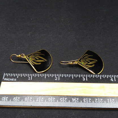 Laurel Burch Floral Earrings, Gold Plating, Black Enamel, Willow Fan, 1980s Vintage Jewelry