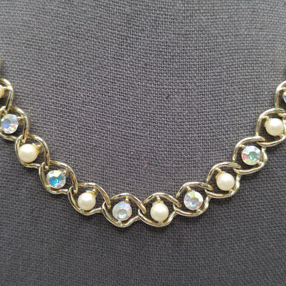 Mid-Century Faux Pearl AB Rhinestone Necklace, Aurora Borealis, 1960s Vintage Jewelry