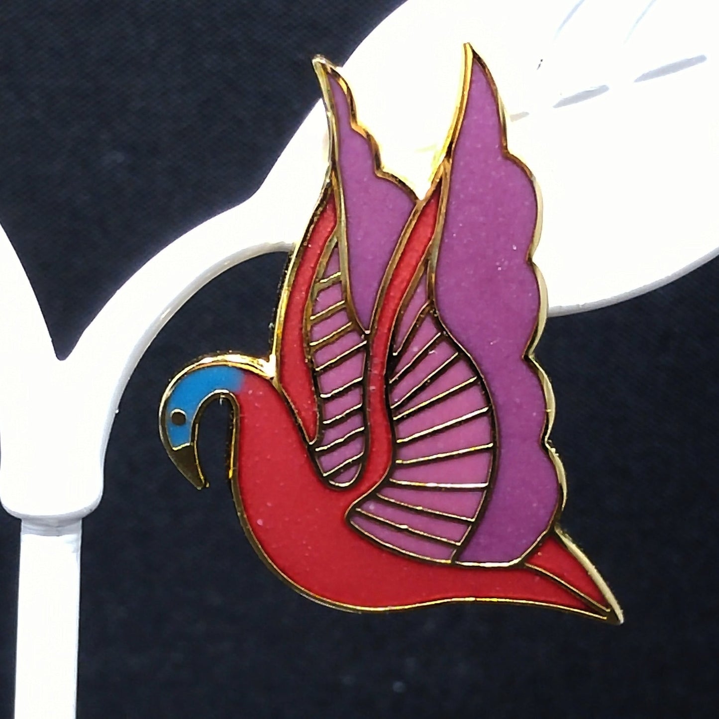 Laurel Burch "Swan" Cloisonné Post Earrings, Red Purple Pink Blue Enamel, Gold Plate, 1980s Vintage Jewelry