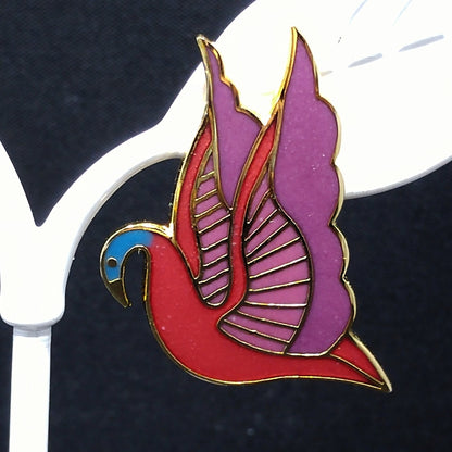 Laurel Burch "Swan" Cloisonné Post Earrings, Red Purple Pink Blue Enamel, Gold Plate, 1980s Vintage Jewelry