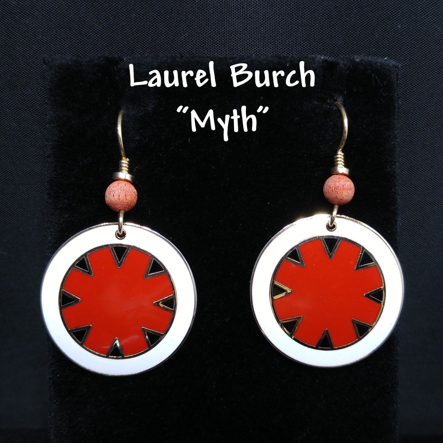 Vintage Laurel Burch "Myth" Earrings, Gold Plated Cloisonne, Red White Black
