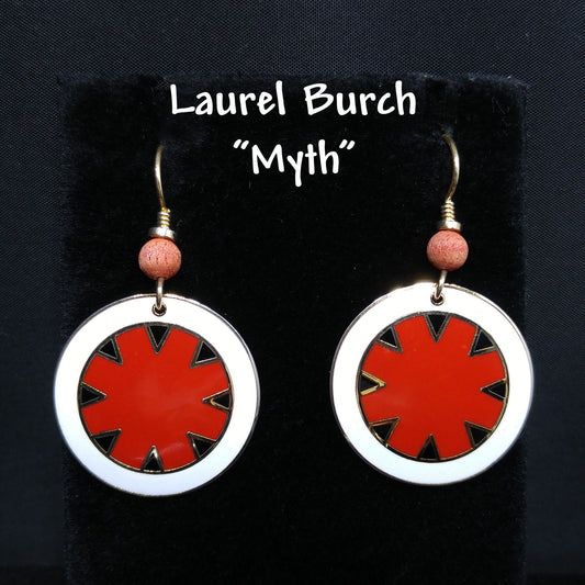 Vintage Laurel Burch "Myth" Earrings, Gold Plated Cloisonne, Red White Black