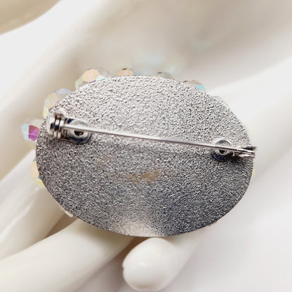 Vintage 1960s Crystal Aurora Borealis Faceted Bead Oval Brooch – 2 Inch Pin