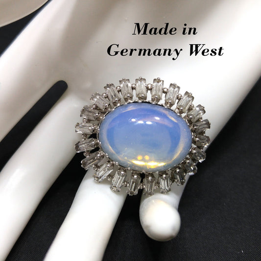 West Germany Faux Moonstone Brooch, Clear Baguettes, 1950s Vintage Jewelry