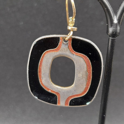 Vintage Laurel Burch Black Gold Drop Earrings, Open Center, Pink Metallic Ring