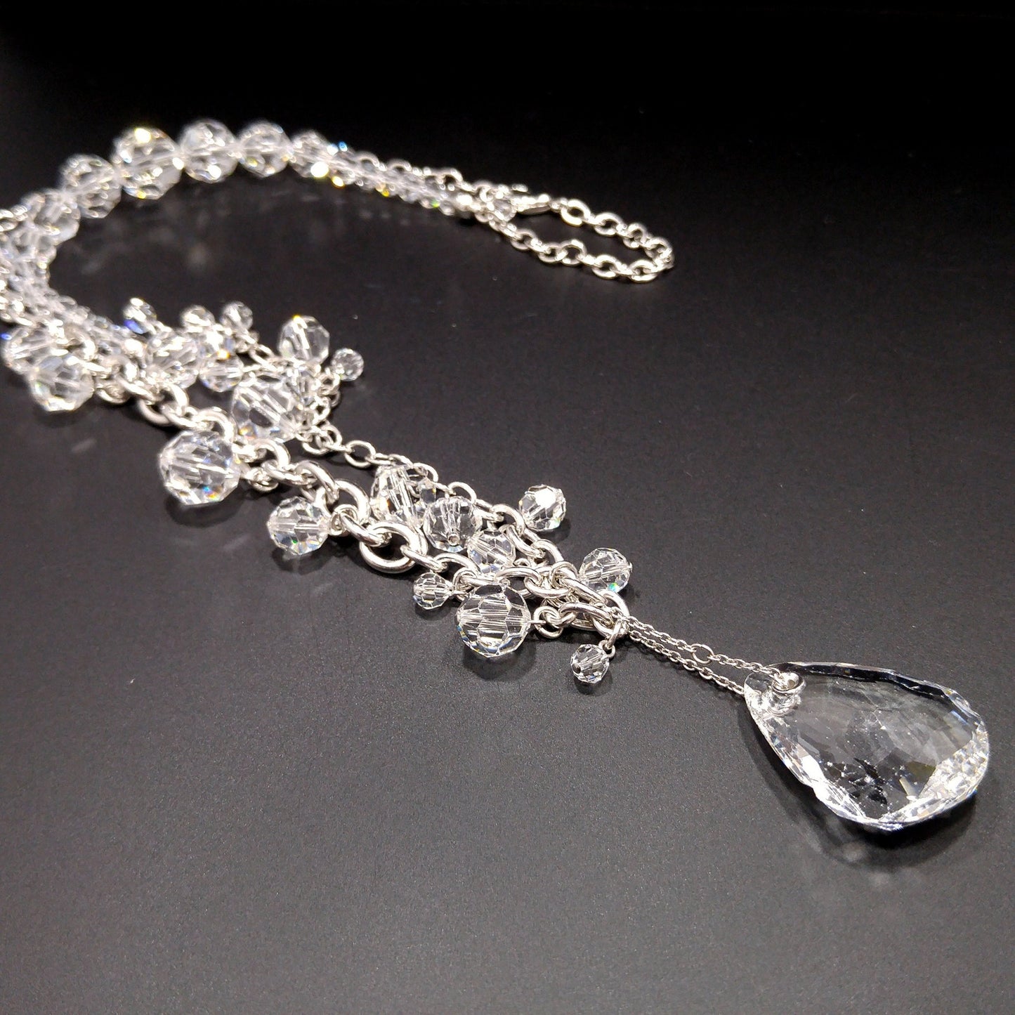 Vintage Swarovski Swan Logo Long Crystal Necklace Teardrop Pendant 1990s