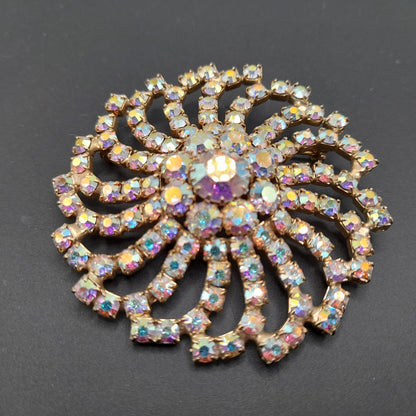 Mid-Century Aurora Borealis Rhinestone Brooch, Gold Plated, 1960s Vintage Jewelry
