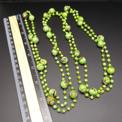 Hand Painted Light Green Flapper Necklace, 70 Inches, Wire Wrapped, 1920s Vintage Jewelry