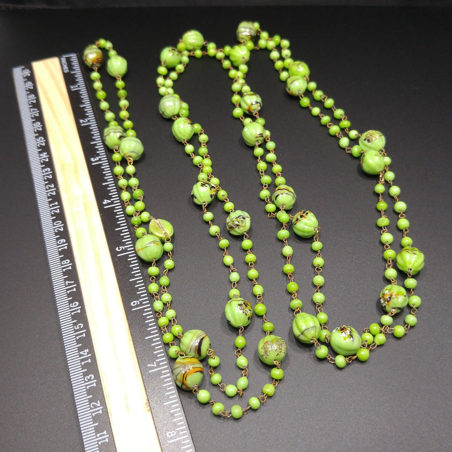 Art Deco 1920s Hand Painted Green Glass Bead Flapper Necklace 70" Wire Wrapped