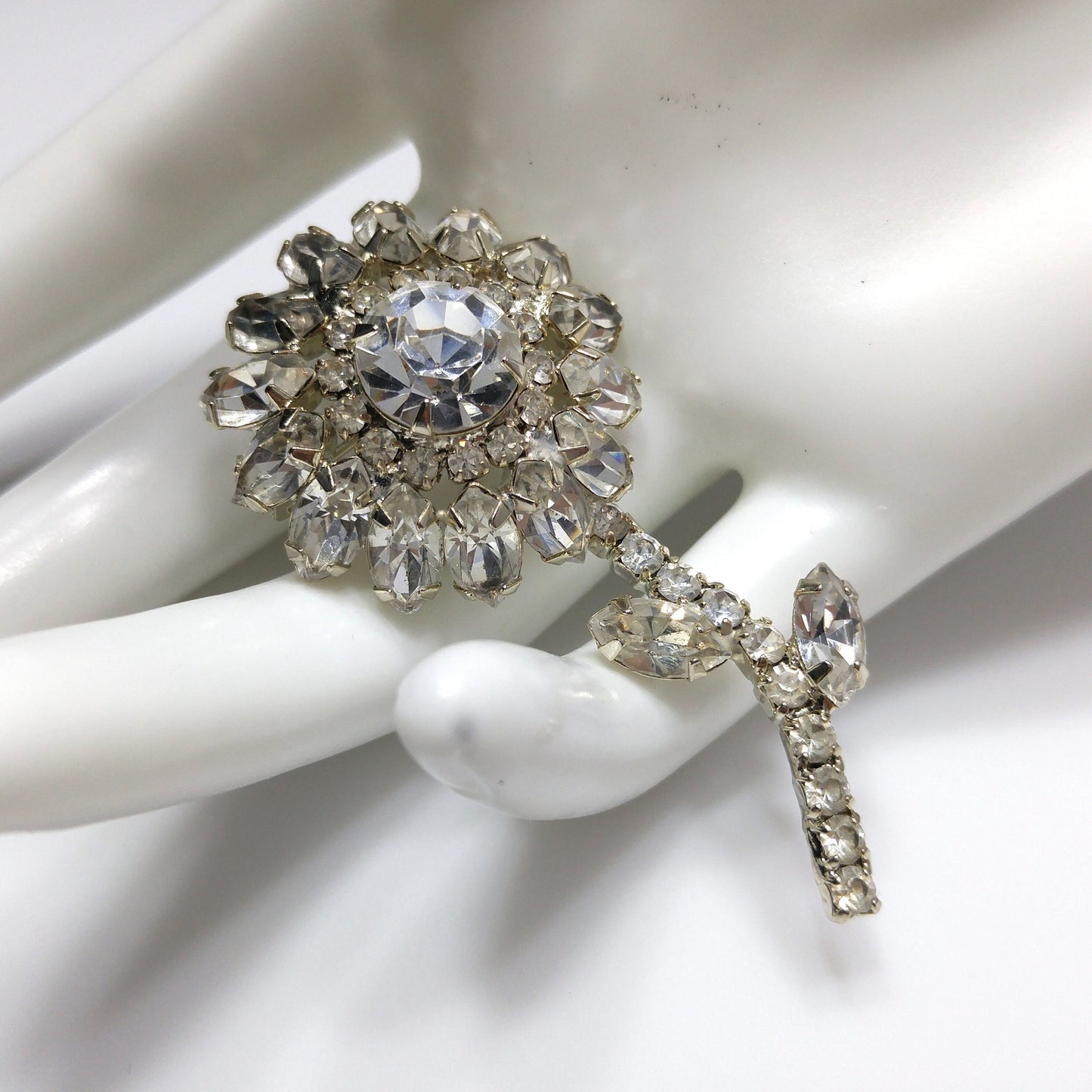 Clear Rhinestone Flower Brooch, Rhodium Plated, 1960s Vintage Jewelry