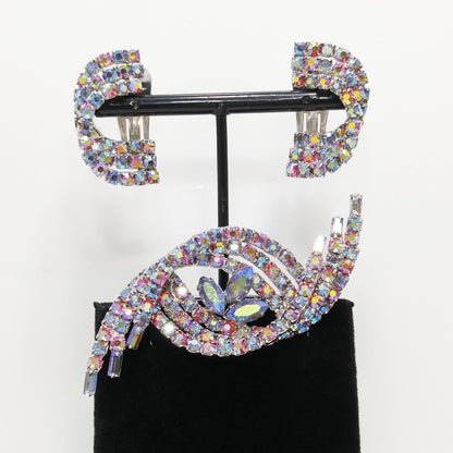 Swirl Aurora Borealis Rhinestone Brooch & Earrings, Rhodium Plated, 1960 Vintage