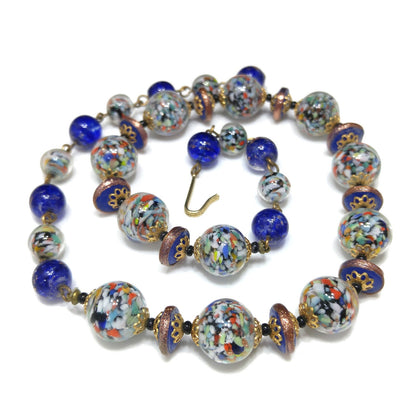 Murano Speckled Glass Beaded Necklace, Cobalt Blue Aventurine Glitter Glass, 1950s Vintage Jewelry