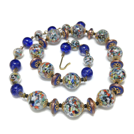 Murano Speckled Glass Beaded Necklace, Cobalt Blue Aventurine Glitter Glass, 1950s Vintage Jewelry