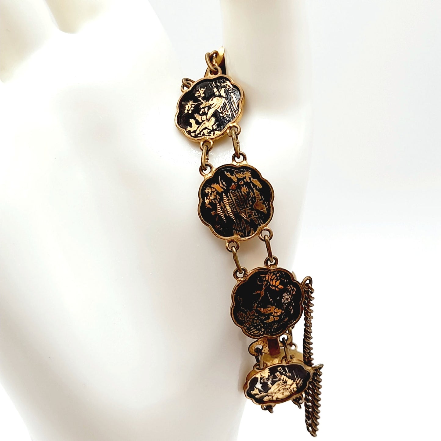 Authentic Japanese Damascene Bracelet - Vintage 6.5" Link Style - Black Gold Inlay