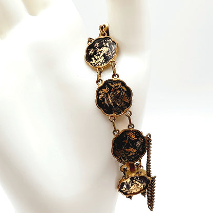 Authentic Japanese Damascene Bracelet - Vintage 6.5" Link Style - Black Gold Inlay