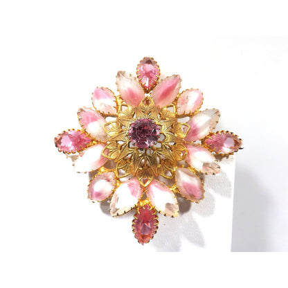 Pink Rhinestone Art Glass Domed Floral Brooch, Gold Plated Filigree, 1960s Vintage Jewelry