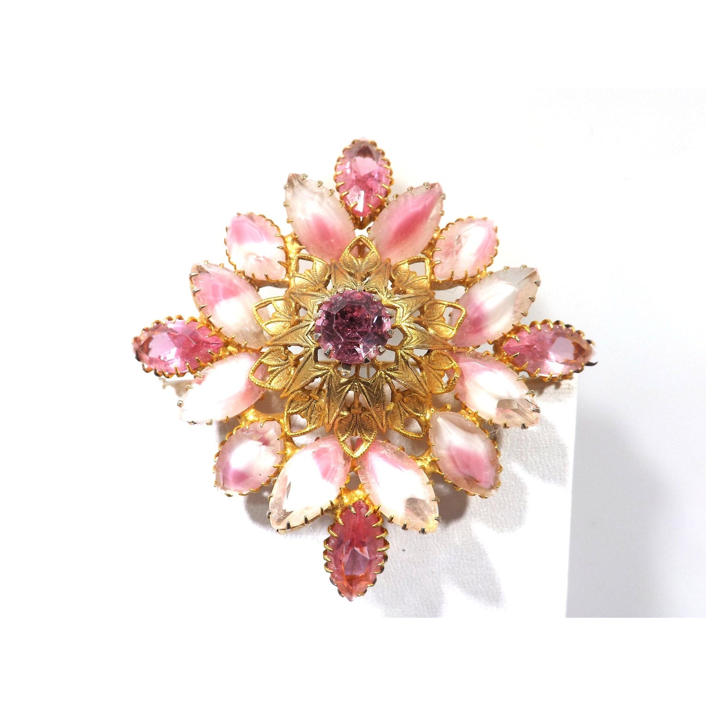Vintage Pink Art Glass Rhinestone Floral Brooch Givre Navette Gold Filigree