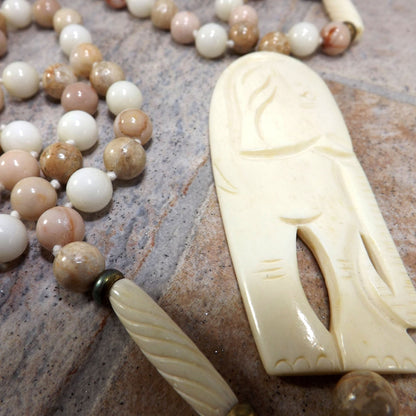 1950s Elephant Pendant Gemstone Beaded Necklace Hand Knotted 32” Vintage Jewelry
