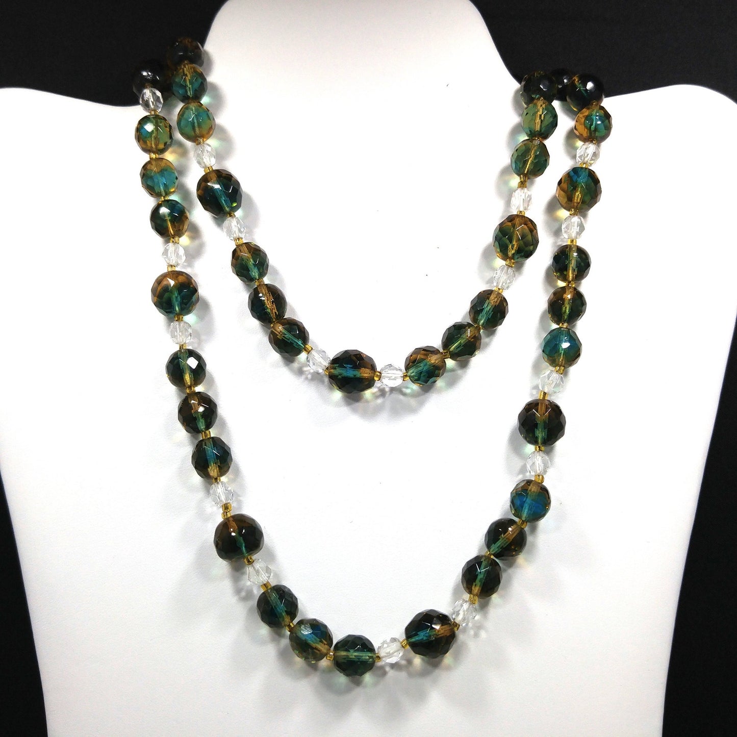 Vintage Czech Two Toned Glass Bead Long Necklace, Teal & Topaz Faceted Beads, 1970s Vintage Jewelry