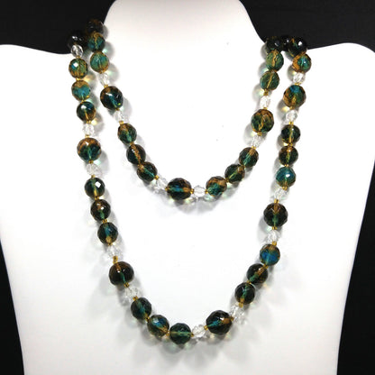 Vintage Czech Two Toned Glass Bead Long Necklace, Teal & Topaz Faceted Beads, 1970s Vintage Jewelry