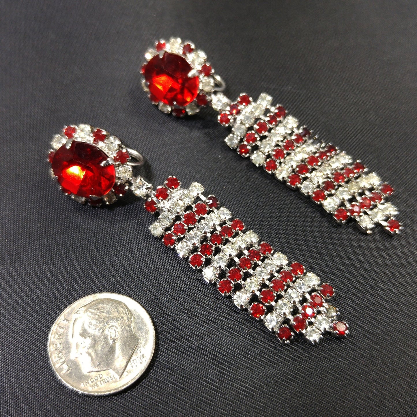 Red & Clear Long Rhinestone Earrings, Dangle , 1960s Vintage Jewelry