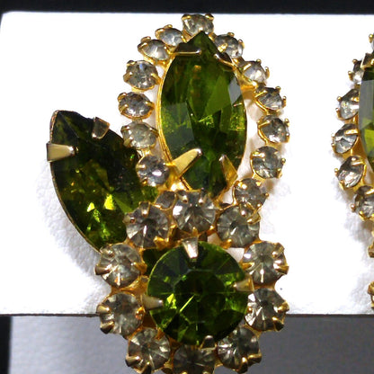 Weiss Green Clear Rhinestone Earrings, Gold Plated, 1960s Vintage Jewelry