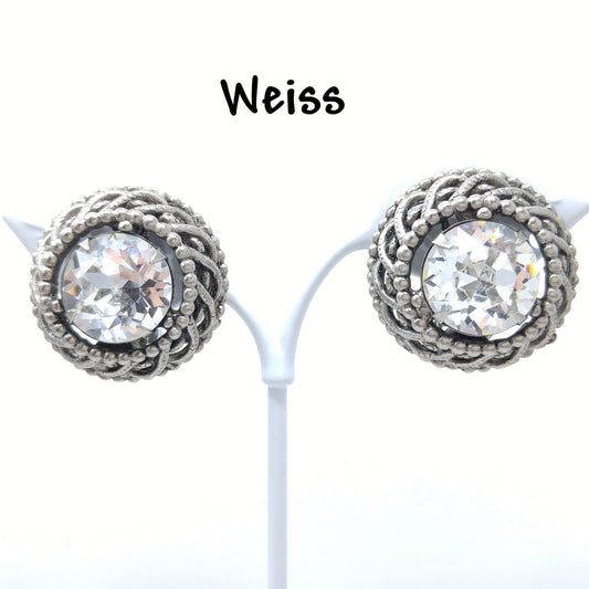 Weiss Headlight Crystal Earrings, Large Clear Rhinestones, Vintage Jewelry